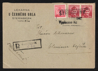 1945 (11 Jan) Czechoslovakia, Registered Commercial Cover from Sternberk to Olomouc franked with 1.2h and pair of 1.5kc