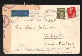 1943 (30 Nov) Norway, German Occupation, Germany, Censored Airmail Cover from Oslo to Jyvaskyla (Finland) franked with 15ore and 20ore