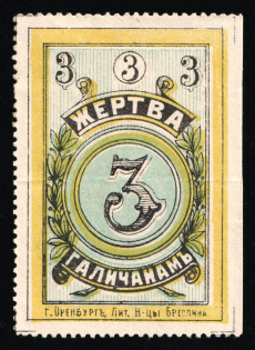 1915 3k WWI Charity Label, Orenburg, Donation to Galitsiya, Russia Empire Cinderella