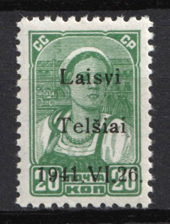 1941 20k Telsiai, Lithuania, German Occupation, Germany (Mi. 4 I, CV $30, MNH)
