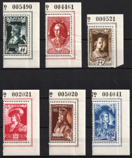 1943 Belgian Flemish Legion, Germany (Mi. IX - XIV, Full Set, Plate Numbers, Corner Margins, CV $300)