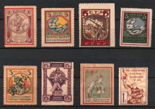 1923 Help to Invalids, selection of 7 labels plus Vladivostok 1k WWI Charity, Set of 7 Foreign WWI labels plus three Serbian, Russia Civil War Cinderella