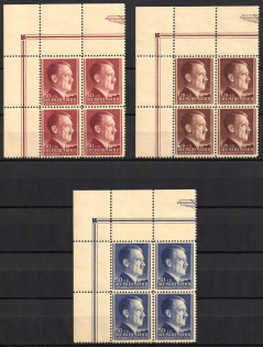 1942 General Government, Germany, Blocks of Four (Mi. 89 - 91, Full Set, Corner Margins)