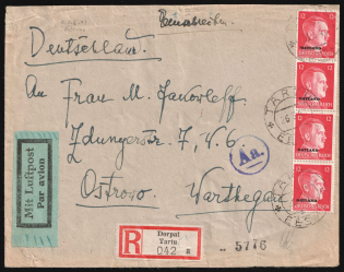 1943 (26 May) Ostland, German Occupation, Germany, Airmail Registered Cover from Tartu to Ostrowo franked with strip of 12pf