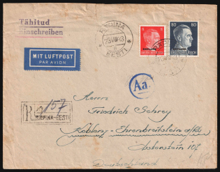 1943 (23 Aug) Ostland, German Occupation, Germany, Airmail Registered Cover from Rapina to Koblenz franked with 8pf and 80pf (Mi. 6, 18, CV $20)