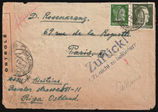 1944 (14 Aug) Ostland, German Occupation, Germany, Censored Cover from Riga to Paris franked with 5pf and 30pf