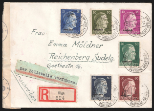 1942 (3 Mar) Ostland, German Occupation, Germany, Censored Registered Cover from Riga to Reichenberg franked with Mi. 13 - 18 (CV $70)