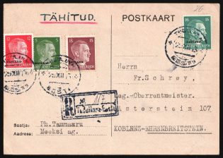 1943 (23 Dec) Ostland, German Occupation, Germany, Registered Postcard to Koblenz franked with 5pf, 12pf, 15pf and 16pf (Mi. 4, 8 - 10, CV $30)