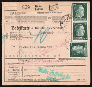 194_ (10 Jun) Ostland, German Occupation, Germany, Parcel Card from Tallinn to Charlottenburg multiple franked with 50pf (Mi. 16, CV $90)