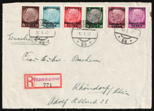 1940 (12 Jan) General Government, Germany, Registered Cover from Rzeszow to Rhondorf franked with Mi. 5 - 8, 11 - 12 (CV $170)