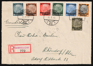 1940 (12 Jan) General Government, Germany, Registered Cover from Rzeszow to Rhondorf franked with Mi. 1 - 4, 9 - 10, 13 (CV $140)