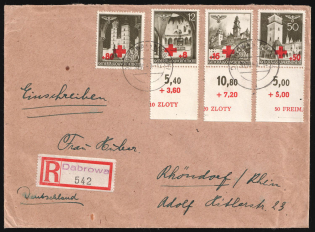 1940 (30 Oct) General Government, Germany, Registered Cover from Dabrowa to Rhondorf franked with 80gr and coupons of 12gr, 24gr and 50gr (Mi. 55, 52 B sr - 54 B sr, CV $300)