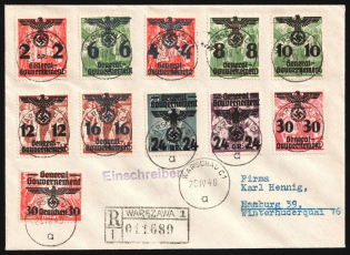 1940 (29 Apr) General Government, Germany, Registered Cover from Warsaw to Hamburg franked with Mi. 14, 17 - 23, 30, 33 - 34 (CV $140)