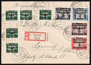 1940 (1 May) General Government, Germany, Registered Cover from Opoczno to Honnef franked with Mi. 29 - 32, 25 - 39 (CV $600)