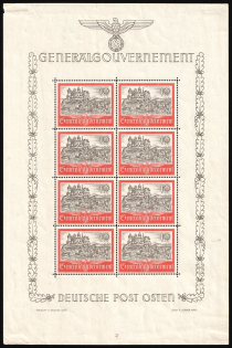 1941 10zl General Government, Germany, Full Sheet (Mi. 65 Klb., Plate Number '2', CV $30)