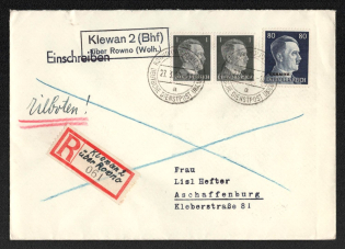 1942 (27 Mar) Klewan via Rowno Postmark and Rare Manuscript Registered Label, Registered Cover, German Occupation of Ukraine