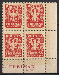 1945 25pf Freimann (Munich), Poland, DP Camp, Displaced Persons Camp, Block of Four (Wilhelm 1, Corner Margins, Sheet Inscription, Full Set, CV $100, MNH)