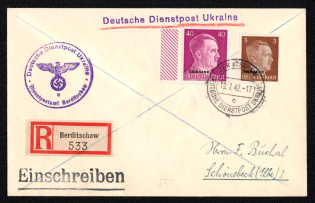1942 (18 Jul) Berdychiv Postmark, Official Mail (Dienstpost) Registered Cover, German Occupation of Ukraine