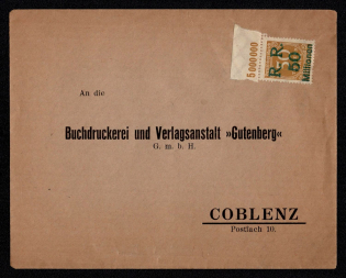 Private inflation overprint printed by a separatist movement in Rheinland. They were not circulated