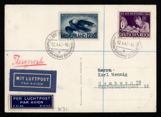 Postcard Contains Both German And Dutch Stamps, Canceled On 2 April 1942 At Groningen, Netherlands, The Cancel Indicates That It Was Official German Mail Service