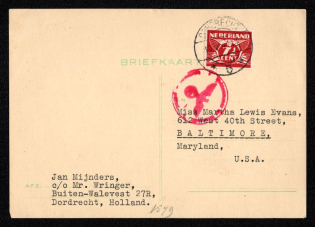 1941 (19 Jun) German Occupation of Netherlands postcard from Dordrecht to Baltimore