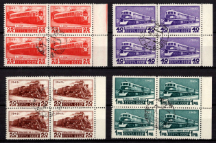 1949 Trains, Soviet Union, USSR, Russia, Blocks of Four (Full Set, Margins, CTO, Canceled to Order)