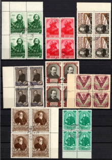 1952-55 Collection of Different Issues, Soviet Union, USSR, Russia, Blocks of Four (Full Sets, Margins, CTO, Canceled to Order)