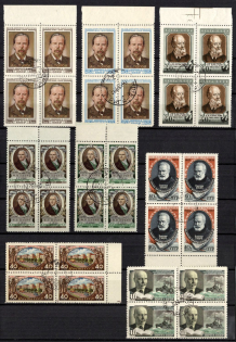 1952-55 Collection of Different Issues, Soviet Union, USSR, Russia, Blocks of Four (Full Sets, Margins, CTO, Canceled to Order)