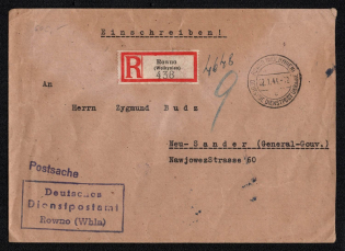 1943 (22 Jan) Rivne Postmark, Official Mail (Dienstpost) Registered Cover, German Occupation of Ukraine