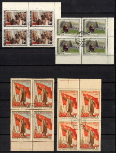 1951-56 Collection of Different Issues, Soviet Union, USSR, Russia, Blocks of Four (Full Sets, Margins, CTO, Canceled to Order)