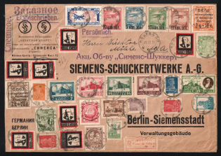 1931, December 20-23. Special Delivery from Moscow to Berlin-Siemensstadt. International Registered Special Delivery Large Size Cover Sent from Moscow on 20.12.31 to Berlin (Siemensstadt). Cover Overfranked (3r15k) by 31 Stamps...