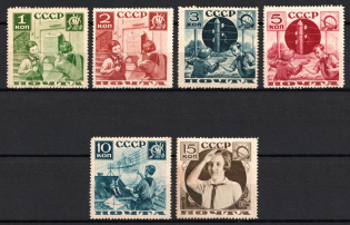 1936 Pioneers Help to the Post, Soviet Union, USSR, Russia (Zv. 439A - 444A, Perforation 13.75, Full Set, CV $100, MNH/MLH)