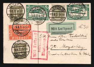 1922 (9 Aug) Weimar Republic, Germany, Airmail Postcard from Leipzig to Magdeburg franked with 10pf, 60pf, 2 x 10pf, 2 x 40pf (Mi. 111 - 112, 147, 159, CV $40)