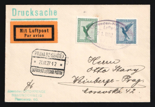 1927 (21 Mar) Weimar Republic, Germany, Airmail Cover from Dresden to Praga franked with 5pf, 20pf (Mi. 378, 380)