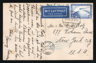 1928 (10 Oct) Weimar Republic, Germany, Airmail Postcard from Friedrichshafen to New-York (U.S.A.) franked with 2rm (Mi. 423, CV $140)