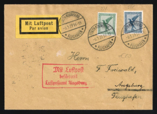 1929 (6 May) Weimar Republic, Germany, Airmail Cover from Furth-Nuremberg to Augsburg franked with 5pf, 20pf (Mi. 378, 380)