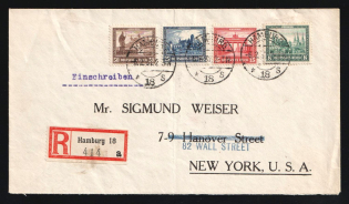 1931 (6 Feb) Weimar Republic, Germany, Registered Cover from Hamburg to New-York (U.S.A.) franked with 8pf, 15pf, 25pf, 50pf (Mi. 450 - 453, CV $250)