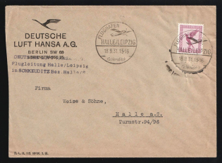 1931 (18 Aug) Weimar Republic, Germany, Airmail Cover from Airport Leipzig to Halle franked with 15pf (Mi. A 379)