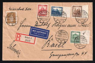 1931 (8 Dec) Weimar Republic, Germany, Registered Airmail Cover from Erfurt to Basel (Switzerland) franked with 3pf, 8pf, 15pf, 25pf, 50pf (Mi. 410, 459 - 462, CV $270)