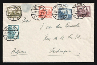 1932 (31 Dec) Weimar Republic, Germany, Cover from Giessen to Antwerp (Belgium) franked with 4pf, 6pf, 12pf, 25pf, 40pf (Mi. 474 - 478, CV $220)