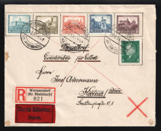 1933 (23 Feb) Third Reich, Germany, Express Registered Cover from Wormersdorf to Koblenz franked with 8pf, 4pf, 6pf, 12pf, 25pf, 40pf (Mi. 412, 474 - 478, CV $220)