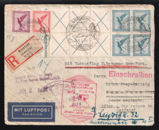 1934 (19 Jun) Steamer 'Bremen' Third Reich, Germany, Registered Catapult Airmail Cover from Norddorf (Amrum) to New-York (U.S.A.) via Leipzig franked with 10pf, 15pf, 4 x 20pf (Mi. 379, A 379, H-Bl. 49, Special Cancellation, CV $1,090)