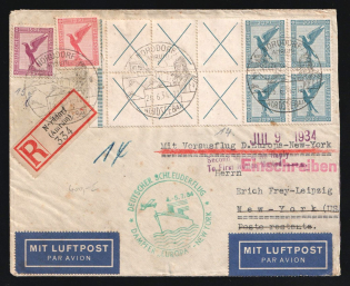 1934 (26 Jun) Steamer 'Europa' Third Reich, Germany, Registered Catapult Airmail Cover from Norddorf (Amrum) to New-York (U.S.A.) via Leipzig franked with 10pf, 15pf, 4 x 20pf (Mi. 379, A 379, H-Bl. 49, Special Cancellation, CV $1,090)