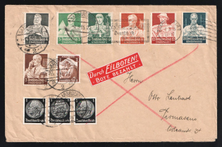 1935 (1 Mar) Propaganda Imprint 'German is the Saar' Third Reich, Germany, Express Cover from Saarbrucken to Pirmasens franked with 3 x 1pf, 3pf, 3pf, 4pf, 5pf, 6pf, 8pf, 12pf, 20pf (Mi. 512, 565, 556 - 562, CV $130)
