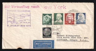 1935 (27 Aug) Third Reich, Germany, Airmail Cover from Bremen to Portland (Oregon, U.S.A.) via New-York (U.S.A.) franked with 1pf, 6pf, 6pf, 12pf, 25pf (Mi. 512, 566, 573 - 575)