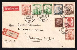1935 (31 Dec) Third Reich, Germany, Registered Cover from Leipzig to New-York (U.S.A.) franked with 10pf, 3pf, 4pf, 2 x 5pf, 2 x 8pf, 12pf (Mi. 518, 588 - 590, 592 - 593)