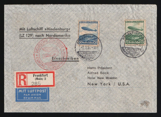 1936 (2 May) 'Airship Hindenburg LZ 129 in North America' Third Reich, Germany, Registered Airmail Cover from Frankfurt am Main to New-York (U.S.A.) franked with 50pf, 75pf (Mi. 606 - 607, CV $30)