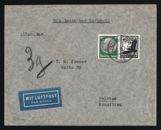 1936 (18 Mar) Third Reich, Germany, Airmail Cover from Hamburg to Pelotas (Brazil) franked with 50pf, 100pf (Mi. 525 x, 537 x, CV $50)