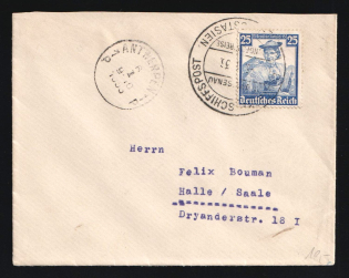 1936 (9 Oct) 'Ship's Postmark from the Steamer 'Gneisenau' of the German East Asia Line', Third Reich, Germany, Cover from Antwerp (Belgium) to Halle franked with 25pf (Mi. 595, CV $70)