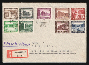 1936 (3 Dec) Third Reich, Germany, Registered Cover from Lorsch to Stein am Rhein (Switzerland) franked with 3pf, 4pf, 5pf, 6pf, 8pf, 12pf, 15pf, 25pf, 40pf (Mi. 634 - 642, CV $70)